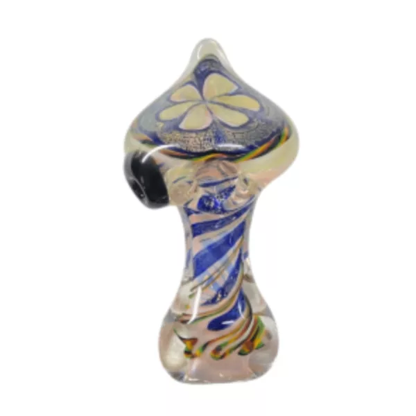 Elegant glass pipe with blue and yellow swirling design and small flower mouthpiece.