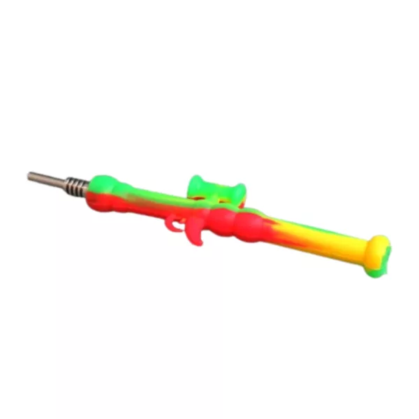 Plastic toy gun shaped like a crayon with brightly colored handle, small trigger, and yellow tip on barrel.