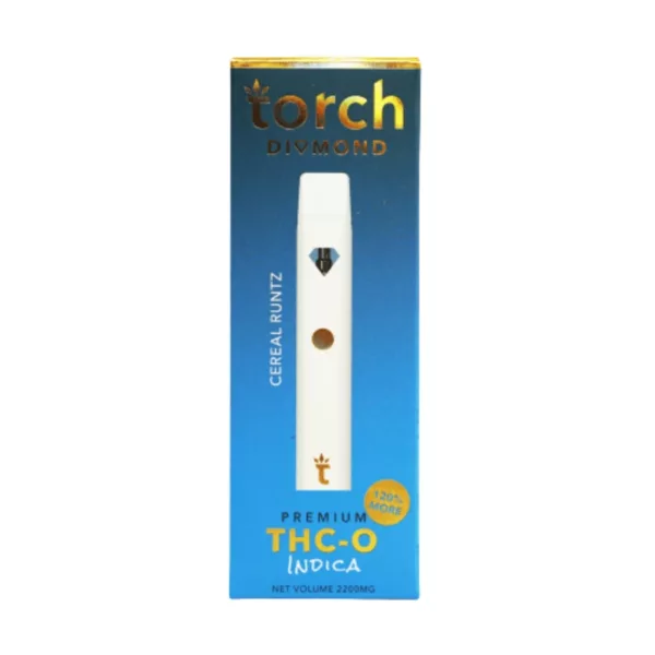 white and blue electronic cigarette with a clear mouthpiece and metallic collar. It comes in a blue box with HHO Disposable written on it.