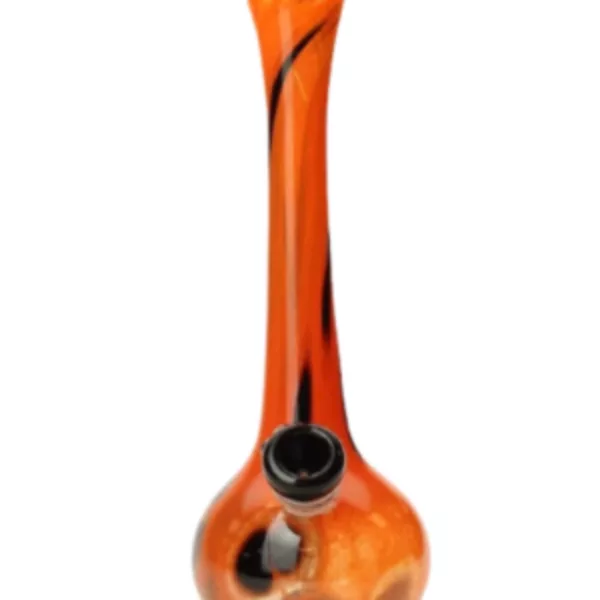 A curved glass pipe with orange and black design, featuring a black mouthpiece and orange base. It sits on a white background.