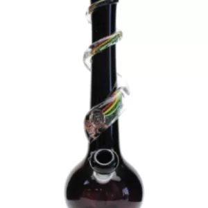 Stylish, colorful glass bong with curved body and wide base. Features a small, round bowl and psychedelic design.