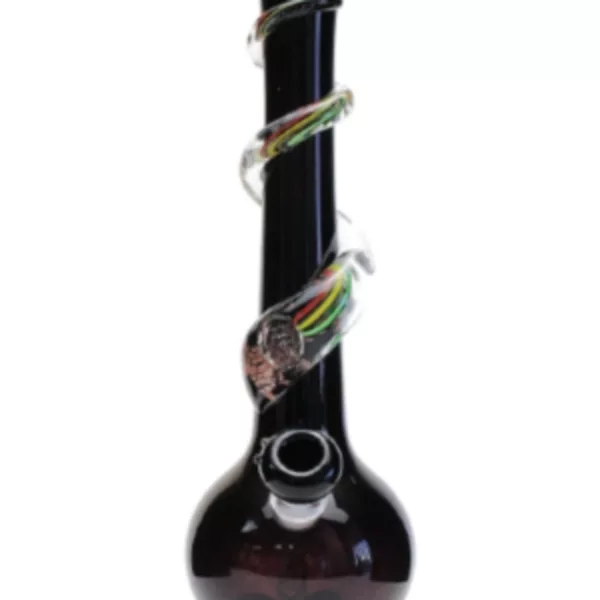 Stylish, colorful glass bong with curved body and wide base. Features a small, round bowl and psychedelic design.