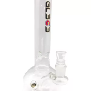 A clear glass bong with a white base and small, round base. The bong has a long, curved neck and clear mouthpiece. Perfect for any pipe enthusiast.