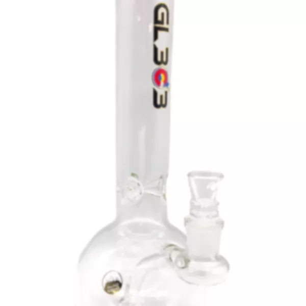 A clear glass bong with a white base and small, round base. The bong has a long, curved neck and clear mouthpiece. Perfect for any pipe enthusiast.