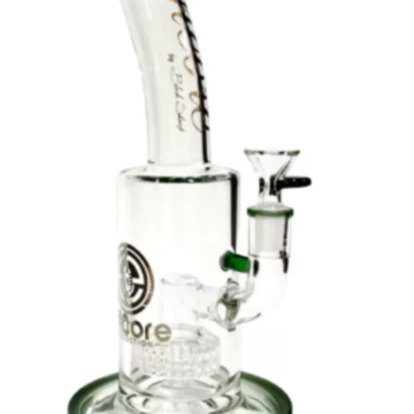 Glass water pipe with green base, bowl on end and side, plastic stem and acrylic base with curve and hole for stem.