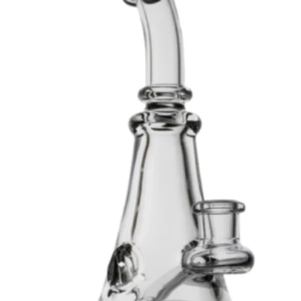 Clear glass bong with cylindrical shape, small circular base, and circular mouthpiece. Small circular hole in center of clear base.