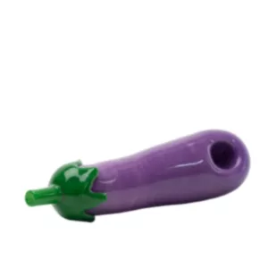 Eggplant-shaped purple pipe with small green leaf attachment from Empire Glassworks.