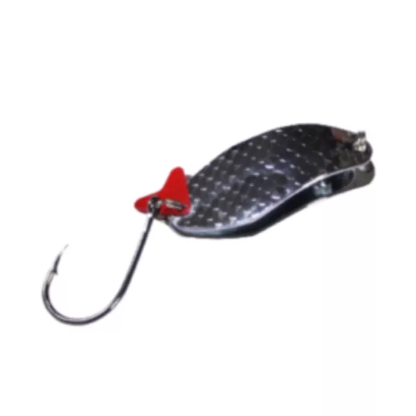 Silver fishing spoon with red heart design and multiple hooks for effective catching.
