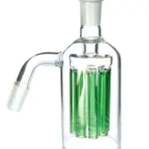 Clear, cylindrical glass beaker with green liquid and handle. Ash catcher for smoking accessories.