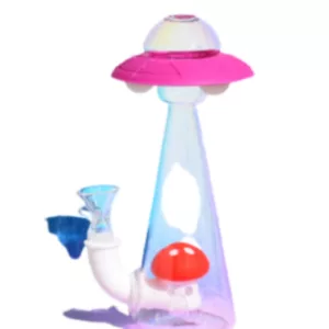 Neon-lit alien spacecraft-shaped water pipe with clear smoking chamber and small red light at base.