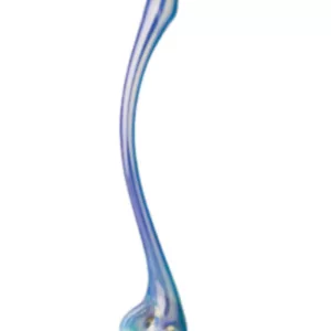 The image shows a blue and white glass sculpture of a curved shape with a small hole at the top, standing on a white background. It appears to be made of multiple pieces of glass glued together.