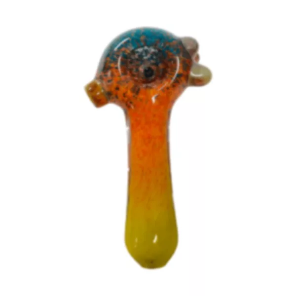 Handmade glass pipe with clear base and colorful speckles on stem. Small bowl and long, thin stem. No filter.