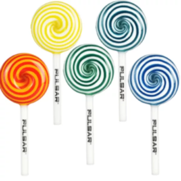 Playful, colorful lollipop-shaped smoking pipes with a circular design and plastic sticks.