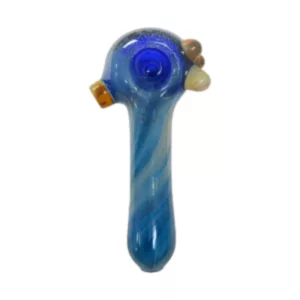 Handmade glass pipe with blue & white swirl design, yellow & brown swirl interior, smooth mouthpiece & clear glass body. Bubbles on surface. From Flavour Town Glass.