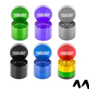 Modern, sleek 4-piece metal herb grinder with 4 chambers for easy use and storage. Compact size for portability. Available in multiple colors.