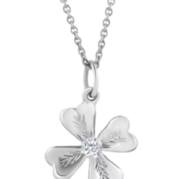 Elegant silver necklace with white diamond clover pendant. Delicate chain and sharp leaf edges make it a stylish piece of jewelry. Perfect for any occasion. #diamondcloverbowl #ccbwl4