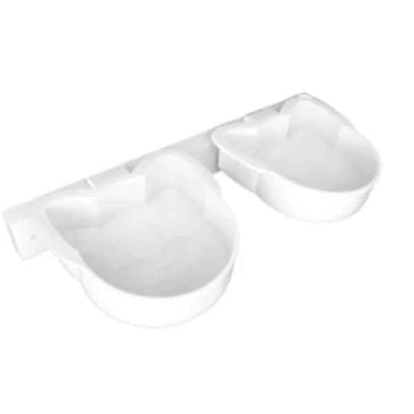 White ceramic cat food bowl with two side bowls, one with dry food and one empty.