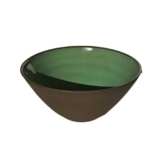 Handcrafted ceramic bowl with green exterior glaze and brown interior glaze, perfect for smoking.