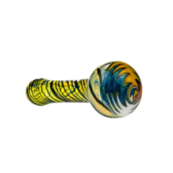 Hand-painted swirl pattern in blue and white stripes on handle, clear glass shaft. Vortex Swirl Hand Pipe - G-Spot.