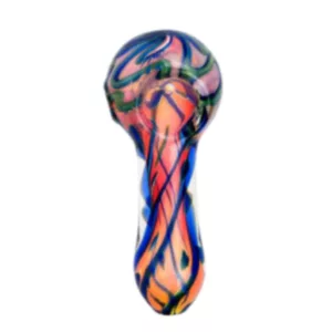 Hand-painted glass pipe with abstract design in blue, green, purple, and orange. A work of art for smoking.