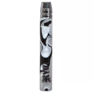 Glass vaporizer with black and white marbled design, silver tip and small hole for loose tobacco/herbs. Sleek and modern design.