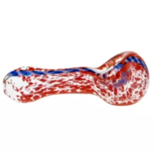 Hand pipe with tricolor swirl design in red, white, and blue. Cylindrical shape with small hole at end.