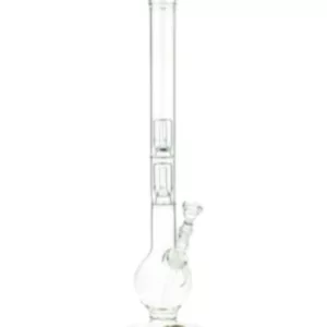 Clear glass Ball Double Percolator Water Pipe with a tall stand and curved stem for enhanced smoking experience.