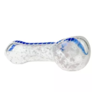 Blue and white swirl glass G-Spot head pipe with oval bowl, small handle on one end and larger dog-shaped handle with spotted nose. Lying on side, larger handle faces camera.