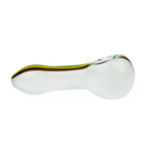 A clear glass pipe with a yellow, green, and red stripe is shown on a white background. It has a small hole at the end.