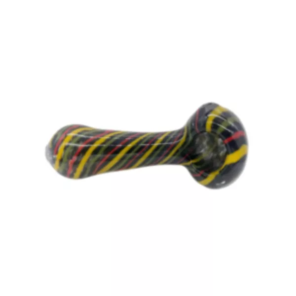 Hand-painted Rasta Line Swirl pipe with curved shape, wide bowl, and beaded collar.