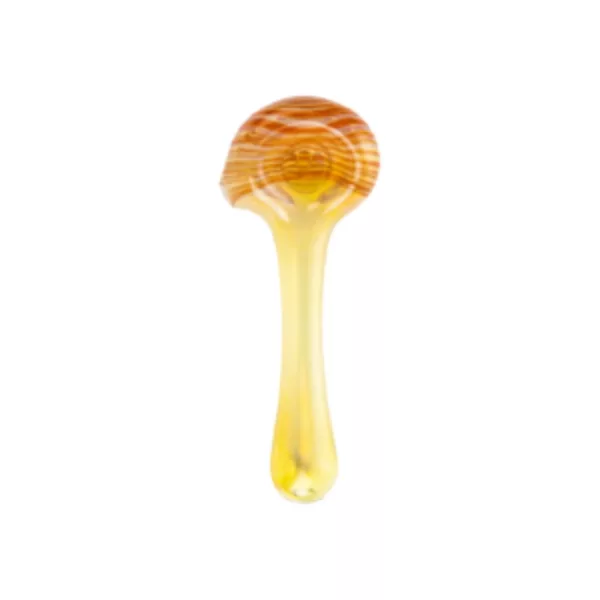 Handcrafted Fume Spoon with long, curved mouthpiece and handle. Unique, swirled design in yellow, orange, and brown. Perfect for smoking.