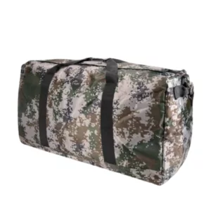 Camouflage pattern duffel bag with black strap and zipper. Large main compartment with flap closure and side pocket. Functional and practical design.
