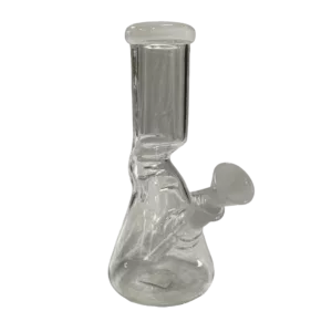 Glass waterpipe with downstem, diffuser, hash ring, pinch on base, and hook-shaped mouthpiece.