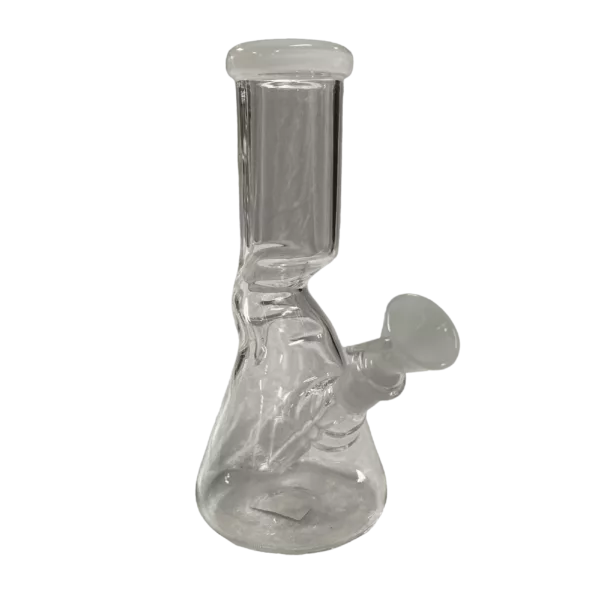 Glass waterpipe with downstem, diffuser, hash ring, pinch on base, and hook-shaped mouthpiece.