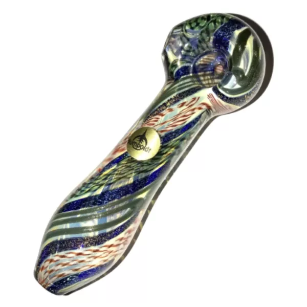Multicolored glass pipe with gold spoon mouthpiece and 4 holes. Randall Straight design.