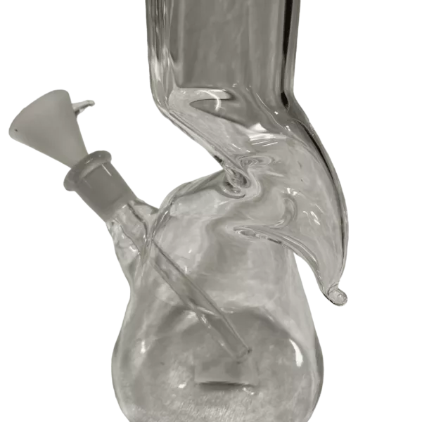 transparent glass waterpipe with a long stem, small bowl, and rubber grip. The bowl has a curved lip and the stem is curved and made of glass.