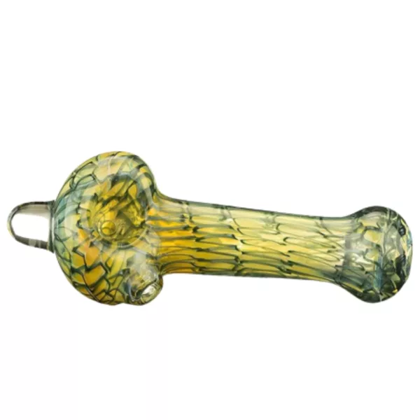 Art glass caterpillar sculpture, Coil Chill by Nelson Glassworks, yellow/green/brown, non-functional.