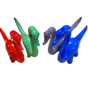 Colorful plastic dinosaurs with blue eyes stand on hind legs and stretch their necks. NN995 Dinosaur Dabber.