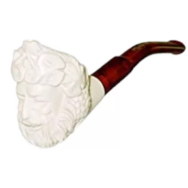 Hand-carved mini meerschaum pipe with wooden handle and bearded Bacchus head. White ceramic body on white background.