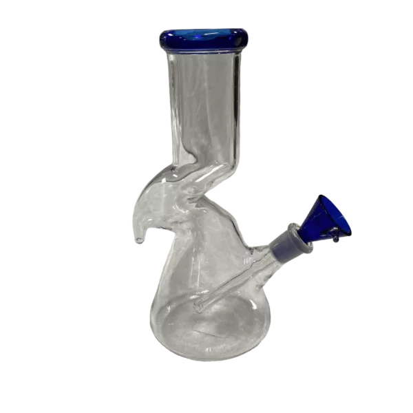 Clear glass waterpipe with blue handle and wide base. Large mouth and flat stem.