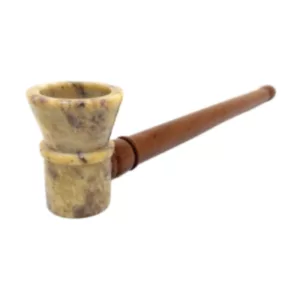 Handcrafted marble stone pipe with wooden stem, 6 inches long, polished bowl and rustic finish.
