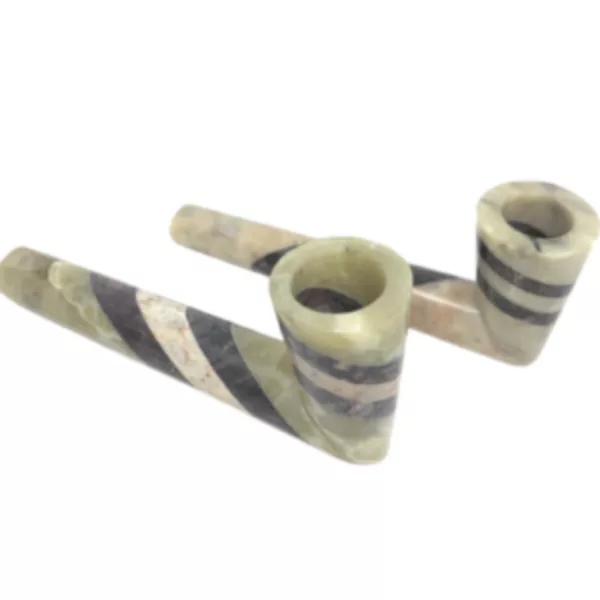 Green and black marble pipes with striped pattern. White background. Product: Marble Stone Pipe - APP480.