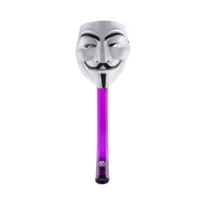 Plastic Guy Fawks gas mask with purple 'Guy Fawks' text on front, available from smoking company website.