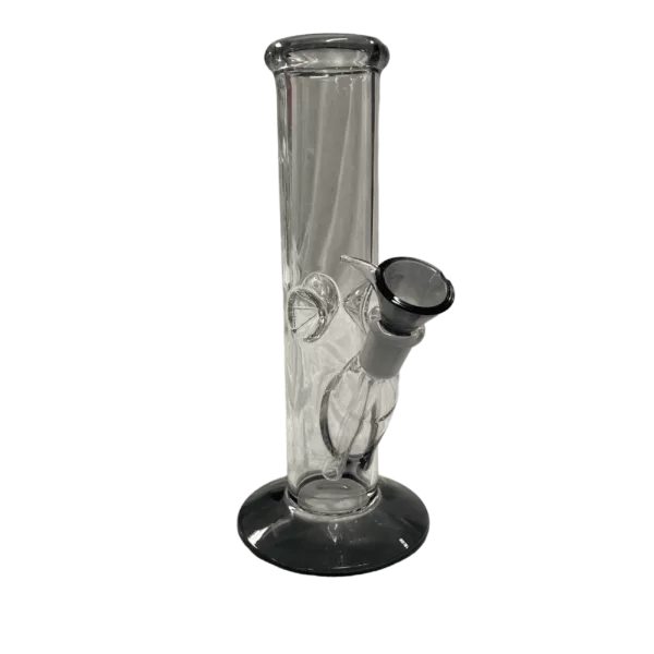 Stylish clear glass bong with unique shape and design, featuring a silver base and small rubber feet for stability. Perfect for any room.