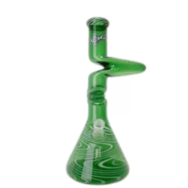 Green swirl glass bong with curved shape, small mouthpiece, large downstem, transparent bowl, and side handle. Silver Zong brand.