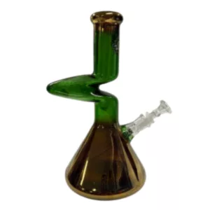 A green glass beaker with a curved neck and large opening, transparent and empty, available from Zong.