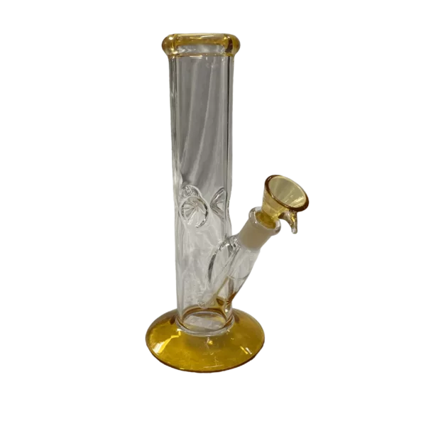 clear glass bong with a golden base and wooden stem, held in place by a metal clamp. It has a cylindrical shape and allows smoke to be seen as it flows through the bong.