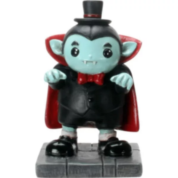 Creepy vampire figurine with black and red cape and top hat, standing on stone base. Perfect for Halloween or gothic decor.