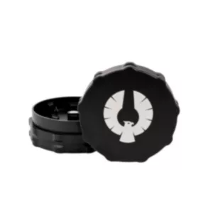 Phoenician Medium 2-Piece Grinder with black plastic body, white logo, and rubber grip on bottom for non-slip use.