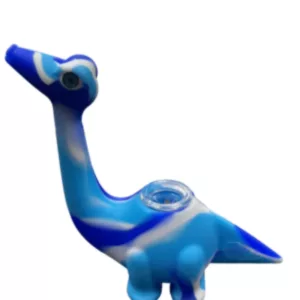 A blue and white glass dino-shaped water pipe with a long neck and small arms, available in WWSCW10.